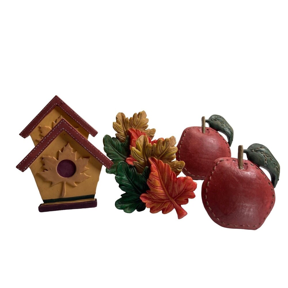 Vintage Rustic Birdhouse Leaf Apple Napkin Rings x6 Large Chunky Resin 1999